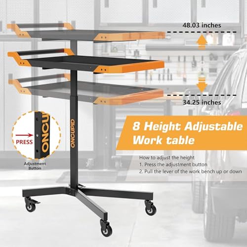 Mobile Work Table, Adjustable Height Workbench with Wheels, Orange | Heavy Duty, 8 Adjustable Height Settings, Drills Storage, 4 Wheels (2 locking), for Garage, Workshop, Bike Repair, Car Repair