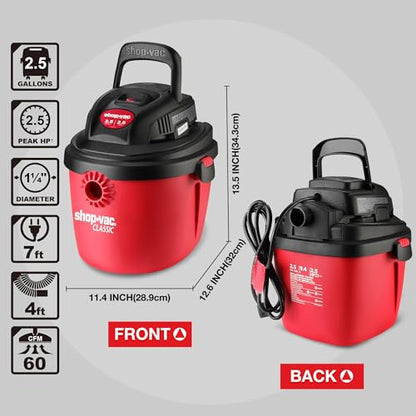 Shop-Vac 2.5 Gallon 2.5 Peak HP Wet/Dry Vacuum, Portable & Compact 2036000 | Small Shop Vac with Collapsible Handle, Wall Bracket & Multifunctional Attachments for Home, Jobsite