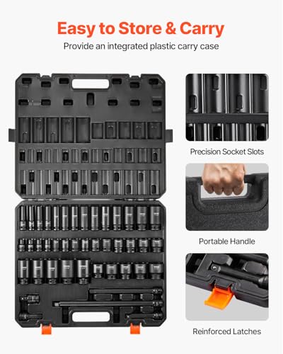 VEVOR Impact Socket Set 1/2" Socket Set 43 Piece Deep & Shallow SAE 3/8" to 1-1/2", 6 Point Cr-Mo Alloy Steel for Auto Repair, Easy-to-Read Size Markings, Rugged Construction, Storage Case - style: 1/2" 43PCS CR-MO