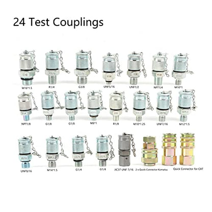 Hydraulic Pressure Test Kit with 5 Gauges, 10/100/250/400/600bar, 24 Couplings 4 Test Hoses Pressure Gauge Set for Excavator Construction Machinery