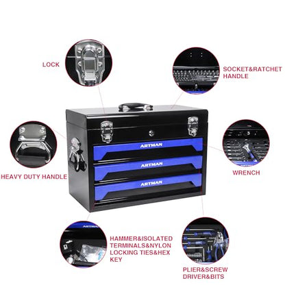 Campfun 439PCS Tool Set, Mechanic Tool Set for Home, Tool Box Set 4-Tier Socket Wrench Ratchet Plier Nails, Home Tool Set Mechanics Kit with 3 Drawers Organizer for Adults Man Handyman, Blue - color: 439pcs-blue