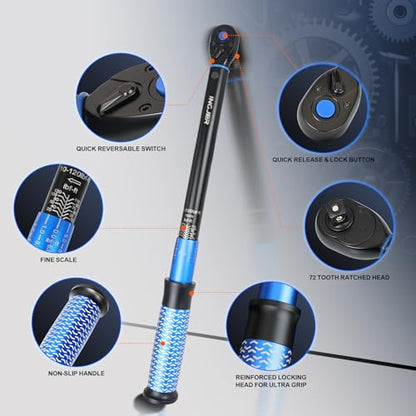 Drive Click Torque Wrench, 3/8" 10-120Ft.Lb, torque wrench for Car | Dual-Direction Adjustable 72 Tooth Click Torque Wrench for Bike, Motorcycle,Professionals & DIYers,Blue - size: 3/8inch 10-120Ft.Lb