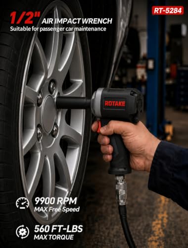 ROTAKE Compact 1/2" Air Impact Wrench, 560 ft-lbs, Twin Hammer, RT-5284 | 9900 RPM Speed, 3.09-lb Ultra-Light Body, Aluminum Hammer Case, 3-Speed Control, Auto Repair & Tight Spaces - size: 1/2" (560 ft-lbs)RT-5284