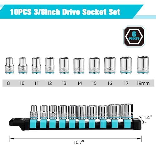 DURATECH 3/8" Drive Socket Set, Metric Socket Set 10PCS with Storage Rack | Mechanic Metric Socket Sets, 6-Point Shallow Socket Set, 8mm, 10mm, 11mm, 12mm, 13mm, 14mm, 15mm, 16mm, 17mm, 19mm - size: 3/8 inch