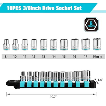DURATECH 3/8" Drive Socket Set, Metric Socket Set 10PCS with Storage Rack | Mechanic Metric Socket Sets, 6-Point Shallow Socket Set, 8mm, 10mm, 11mm, 12mm, 13mm, 14mm, 15mm, 16mm, 17mm, 19mm - size: 3/8 inch