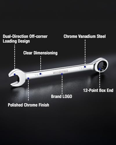 WORKPRO 13 mm Ratcheting Combination Wrench Metric, CR-V Constructed with Mirror Polish Chrome Plating, 12-Point Design, 15-Degree Offset - size: 13 mm, style: Mirror Polish