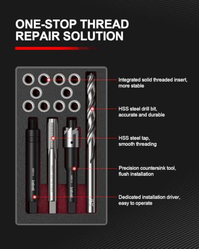 Kolvoii M6 X 1.0 Metric Thread Repair Kit with HSS Drill Bit, Tap, Counterbore and Installation Tool, 10 Solid 304 Stainless Steel Thread Inserts, 9.4mm Length, for Automotive and DIY Repairs - size: M6 X 1.0
