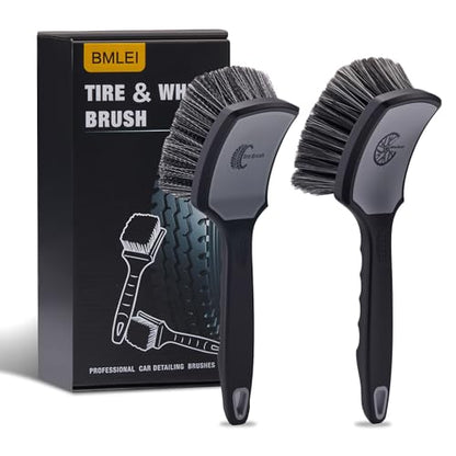BMLEI Wheel & Tire Brush Set, 2 Pack Car Wheel Brush & Tire Cleaner Brushes | Soft Bristle Rim Brush, Stiff Tire Scrub Brush, Scratch-Free, Wheel Cleaning Kit for Car Detailing, Trucks, SUVs - color: Gray&black