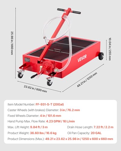 VEVOR Low Profile Oil Drain Pan, 20 Gallon Capacity, Rolling Oil Drain Pan with Manual Pump, 7.2 ft Hose & T Folding Handle, Leak-Proof & Corrosion-Resistant, Fit for Cars, SUVs, Trucks, ATVs, Red - size: 49.21 x 23.62 x 25.98 in