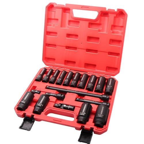 Socket Set 1/2" Drive Impact Socket Set,19-Piece 6 Point Deep, SAE CR-V Steel Sockets with Extension Bars, Universal Joint and Adapter (1/2" 19 PCS SAE) - size: 19 PCS, 1/2" Socket Set, SAE