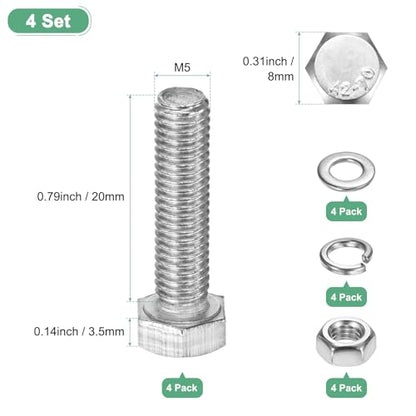 M METERXITY 4-Pack Hex Head Screw Bolt with Nuts Flat & Lock Washers M5x20mm Stainless Steel Bolts and Nuts Kit Fully Threaded Metric Bolt Assortment for Equipment/Machinery - size: M5 x 20mm