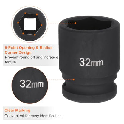 HARFINGTON 6-Point Impact Socket 3/4" Drive 32mm Metric 40Cr Alloy Steel Spindle Axle Nut Impact Socket - size: 32mm