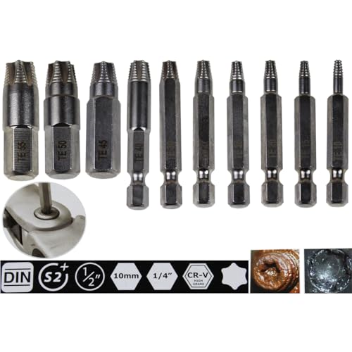 K Tool International 75410 Damaged Torx Screw Extractor Set for Garages, Repair Shops, DIY, Twist End Design, 1/4" shank, High Grade Silicon Alloy Steel, Heat-treated, Chrome-plated, 11 Piece