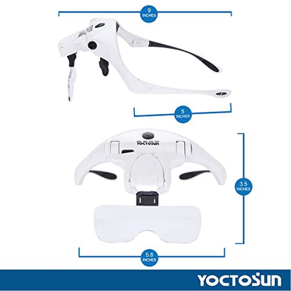 YOCTOSUN Magnifying Glasses with 4 LED Lights, Headband Magnifier with 5 Detachable Lenses 1X, 1.5X, 2X, 2.5X 3.5X -Rechargeable Hands Free Lighted Head Magnifier Glass for Crafts, Cross Stitch, Hobby - color: White