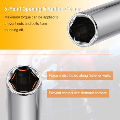 HARFINGTON Deep 6-Point Impact Socket 1/4" Drive 10mm Metric Socket 50mm (2") Long with 1/4" Hex Shank Adapter, CR-V Steel Socket Adapter Accessory Tool Set Kit for Hex Bolts Nuts - size: 10mm x 50mm
