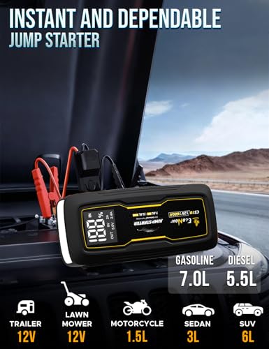 EcoNour Battery Jumper Starter Portable 1600A Peak Up to 7L Gas & 5L Diesel Engines 12V Lithium Jump Box with Jumper Cables, USB Charger, LCD Display, LED Flashlight – for Cars, SUVs, Trucks - color: Black