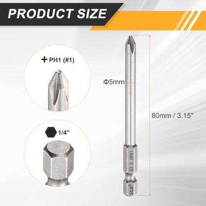 HARFINGTON 4pcs #1 Phillips Screwdriver Bit PH1 1/4" Hex Shank 3.15" (80mm) Long 0.2" Rod Magnetic Cross Head Drill Bits S2 Steel Industrial Screw Driver for Electric Power Tools, Gray - size: PH1 x 3.15" x 0.2"