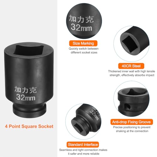 HARFINGTON 2pcs 4 Point Square Socket 3/4" Drive by 32mm Metric Square Impact Socket 40CR Blackening Standard Wheel Sockets Pneumatic Socket for Auto Repair Mechanical Maintenance Home Use - size: 32mm