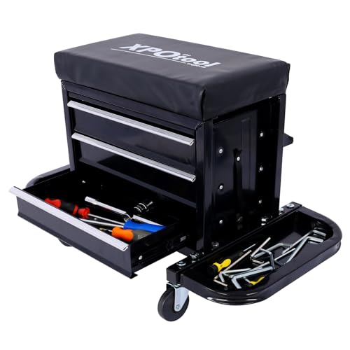 Rolling Creeper Seat with Tool Box - Portable Tool Chest Stool with Padded Seat Cushion & 3 Drawers | 350 Pound Capacity Garage Glider Mechanic Stool with Side Tool Trays for Home, Garage, Workshop