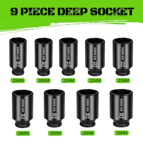 1/2" Drive Impact Socket Set, 9-Piece Metric Deep Axle Nut Sockets, 6-Point, Cr-Mo, 29mm, 30mm, 31mm, 32mm, 33mm, 34mm, 35mm, 36mm,38mm - color: Green 9pcs 1/2" Metric