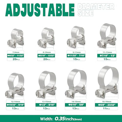 OURU 120PCS Fuel Line Clamp Assortment Kit 304 Stainless Steel,8 Sizes Adjustable 9/32"-23/32" Dia (7-18mm) Mini Fuel Injection Gas Line Hose Clamps,Pipe Clamp for Automotive,Diesel Petrol Pipe - size: 120PCS 9/32"-23/32" (7-18mm)