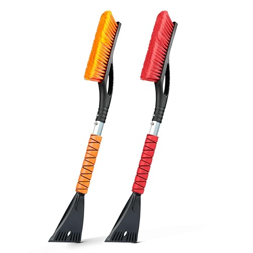 EcoNour 27" Car Snow Brush and Ice Scraper (2 Pack) | Aluminum Snow Scraper for Cars with Ergonomic Foam Grip | Scratch-Free Windshield Ice Scraper and Snow Remover for Cars and SUVs - color: Orange & Red, size: 27"