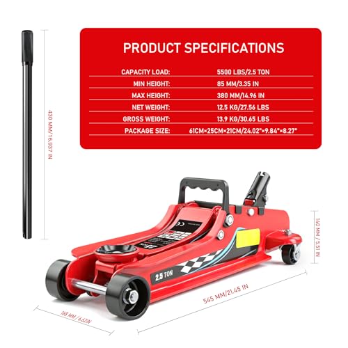 LARBANKE 2.5 Ton Floor Jack, 5500 lbs Capacity Low Profile Floor Jack, with 2 Rubber Pads, Lifting Range 3.35" to 14.96", for Sedans, Pickups, MPVs, Red