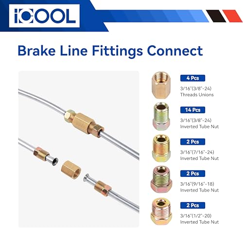 ICOOL 25 ft 3/16" Zinc Coated Brake Line Flaring Tool Kit with 20 Fittings and 4 Unions Brake Line Fittings, Brake Line Kit with Tube Bender and Reamer
