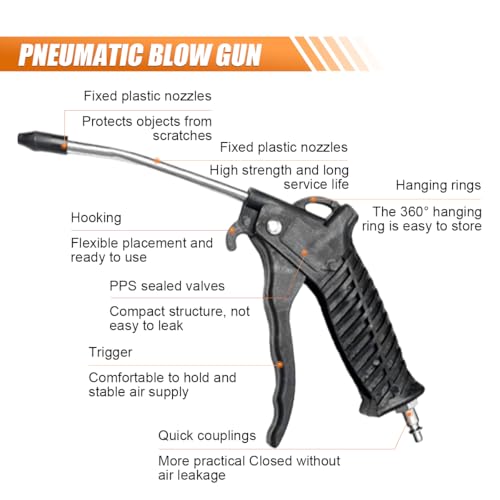 BDZMC Air Blow Gun Kit, Truck Air Duster Gun Cleaning Nozzle Kit, Heavy Duty Air Seat Blow Spray Tool with 5m Long Coil PU Air Hose for Cars, Trucks, Semi Trailers