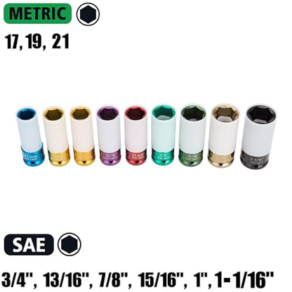 OEMTOOLS 24224 9 Piece 1/2" Drive Wheel Protector Impact Socket Set, Extra Thin Wall Socket Set, Keeps Lug Nuts and Wheels Protected, SAE & Metric Sockets - size: 9 Piece Set