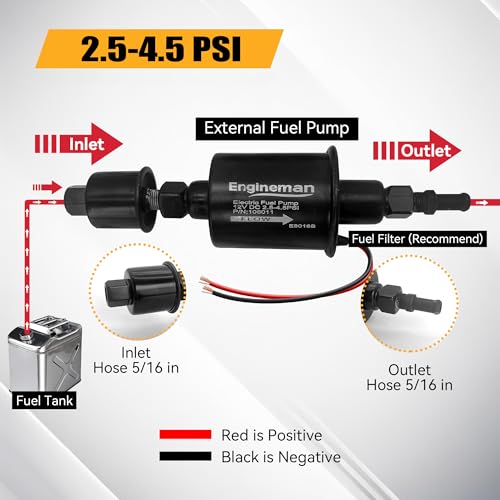 Universal Electric Fuel Pump 12V 2.5-4.5 PSI Inline External 5/16 Inch Compatiable with Gas Diesel Marine Carburetor Marine E8016S with 6.56 FT 5/16" ID Fuel Line Hose - size: E8016S 2.5-4.5 PSI+ 6.56ft Hose