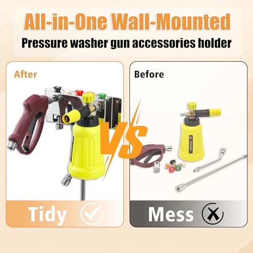 FIXFANS Pressure Washer Foam Cannon Holder, Wall Mounted | Power Washer Gun Storage, 1/4" Quick Connect, Nozzle Tips & Wand Extension Kit Organizer, Car Wash Accessories Rack - size: 1.89 ×10.63 × 3.86 INCH