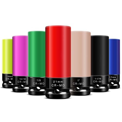 BOEN 1/2" Drive Impact Lug Nut Socket, 7 Pieces Non-Marring Wheel Protector Thin Wall Deep Socket Set, Metric 17 19 21 mm | SAE 13/16 7/8 1 1-1/16 inch, 6 Point Design, Color-Coded, CR-MO Steel - size: 7-Piece Metric/SAE