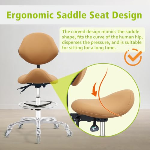 Saddle Stool Chair with Wheels,Ergonomic Swivel Rolling Height Adjustable for Salon Beauty Clinic Dentist Tattoo Home Office - color: Camel, size: With Backrest