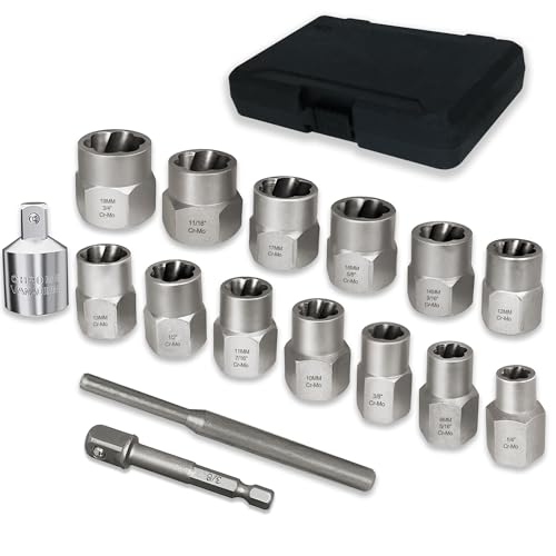 16PCS Bolt Extractor Kit 3/8" Drive Lug Nut Remover Socket Set for Stripped, Damaged Screws, Rounded Bolts and Fasteners (Included 3/8" Hex adapte and 1/2" Adapter) - style: 3/8" Drive-16PCS