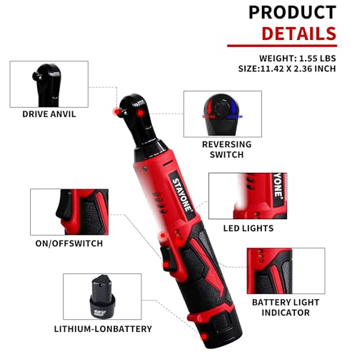 Cordless Electric Ratchet Wrench Set, 3/8" 12V Power Ratchet Tool with 45 N.M Torque, 380 RPM, 2x 2.0Ah Li-Ion Batteries for Auto Repair Home Mechanic