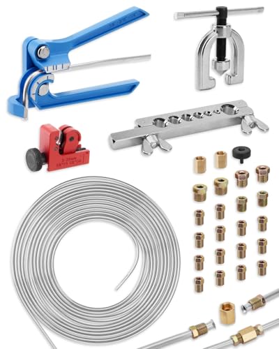 25 ft 3/16in Zinc-Plated Brake Line Flaring Tool Kit, Includes 3-in-1 Tube Bender, Double & Single Flaring Tool Set, 1 Tube Cutter, 2 Threads Unions, 20 Fittings - color: 3/16 in Zinc-Plated