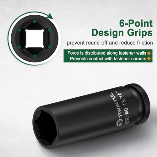 13/16" Deep Impact Socket 1/2" Drive for Hub Nuts & Wheel Bearings | CR-MO Steel Impact Socket, 3.07" Length, 6 Point Design, SAE Socket for Automotive and Construction Equipment Maintenance - size: 13/16" (Deep)