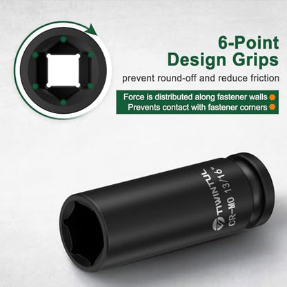 13/16" Deep Impact Socket 1/2" Drive for Hub Nuts & Wheel Bearings | CR-MO Steel Impact Socket, 3.07" Length, 6 Point Design, SAE Socket for Automotive and Construction Equipment Maintenance - size: 13/16" (Deep)
