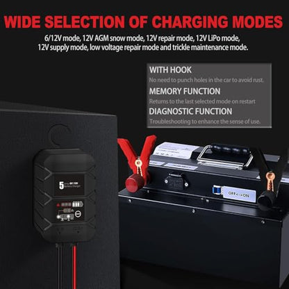 BYGD 5A Smart Car Battery Charger, 6V/12V Automotive Smart Charger | Smart Charger with Hook, Deep Cycle Charger, Float Charger, Automatic Repair Battery Desulfator, Trickle Battery Maintainer