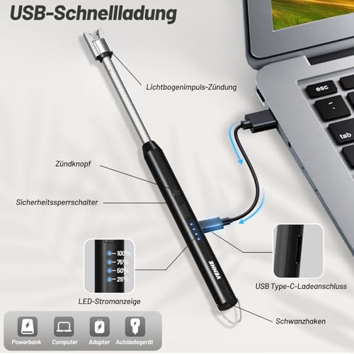 VEHHE Electric Lighter with 360° Flexible Neck, Flameless Windproof Long Candle Lighter with Led Battery Display, USB C Rechargeable with Hanging Hook for Gifts BBQ Fireworks (Black) - color: Black
