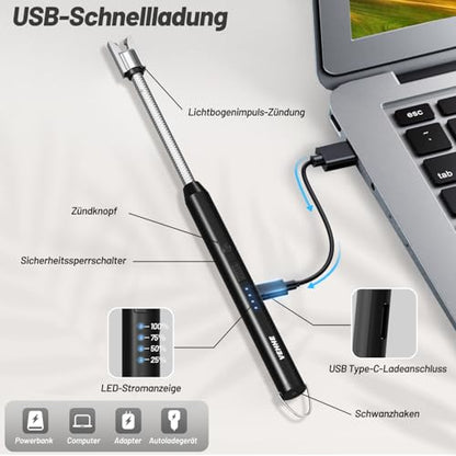 VEHHE Electric Lighter with 360° Flexible Neck, Flameless Windproof Long Candle Lighter with Led Battery Display, USB C Rechargeable with Hanging Hook for Gifts BBQ Fireworks (Black) - color: Black
