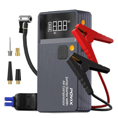Car Battery Jump Starter with Air Compressor,8000mAh Battery Jump Box with Tire Inflator,Jump Booster with Smart Jumper Cables,LED Light Emergency Kits for Vehicles,Arrancador Ae Batería