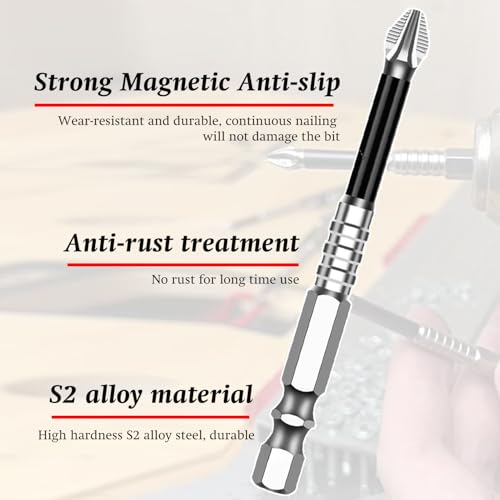 Magnetic Non-Slip Drill Bit Kit - High Magnetic S2 Alloy Steel Screwdriver Bits, Anti-Slip Hex Shank Set (25/50/65/70/90/150mm) for Impact Driver & Electric Drill (10, 65L) - size: 65L