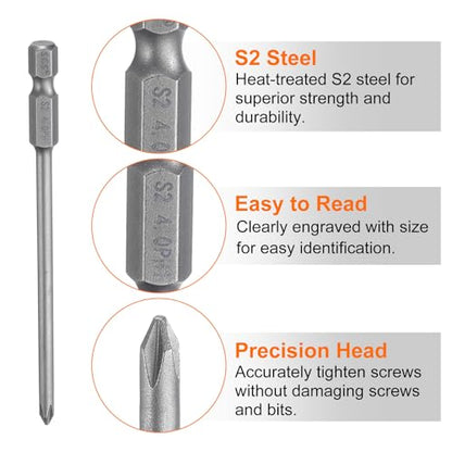HARFINGTON 5pcs #1 Phillips Screwdriver Bit PH1 1/4" Hex Shank 4" (100mm) Long Magnetic S2 Steel Industrial Grade Screw Driver Bit Cross Head Electric Drill Bits 0.157" (4mm) Rod - size: PH1 x 100mm x 4mm