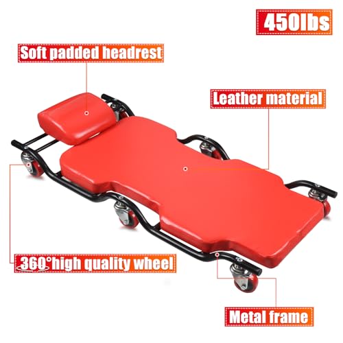 BESTOOL Mechanic's Creeper, 44inch Garage Creeper, 6 Sturdy Casters, Metal Frame Floor Creeper, 450LBS Capacity, Low Profile Design, Headrest,Red - color: Red-Metal frame, size: 44in