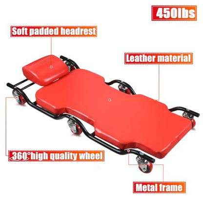 BESTOOL Mechanic's Creeper, 44inch Garage Creeper, 6 Sturdy Casters, Metal Frame Floor Creeper, 450LBS Capacity, Low Profile Design, Headrest,Red - color: Red-Metal frame, size: 44in