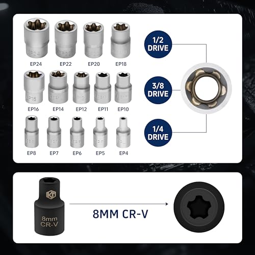 15pc External Torx Plus Socket Set Compatible with Tesla, 6 Point EP Sockets EP4, EP5, EP6, EP7, EP8, EP10, EP11, EP12, EP14, EP16, EP18, EP20, EP22, EP24 with 1/2'' 3/8'' 1/4'', Silver - color: Silver
