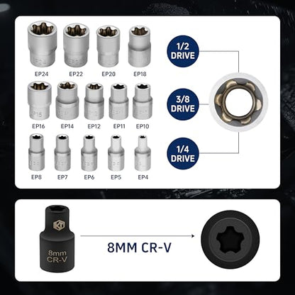 15pc External Torx Plus Socket Set Compatible with Tesla, 6 Point EP Sockets EP4, EP5, EP6, EP7, EP8, EP10, EP11, EP12, EP14, EP16, EP18, EP20, EP22, EP24 with 1/2'' 3/8'' 1/4'', Silver - color: Silver