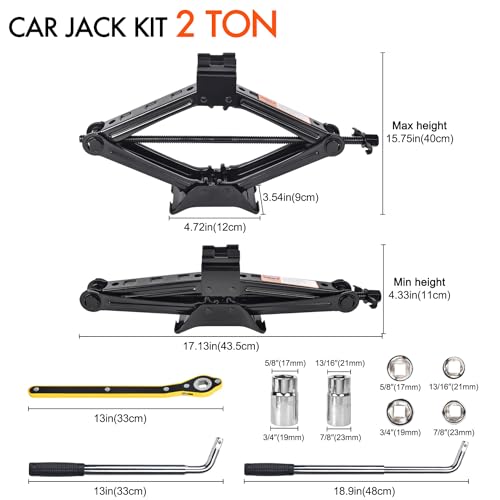 Scissor Car Jack 2 Ton (4409 lbs) Tire Changing Kit with Lug Wrench - Emergency Kit for Car, SUV, MPV - size: 2T